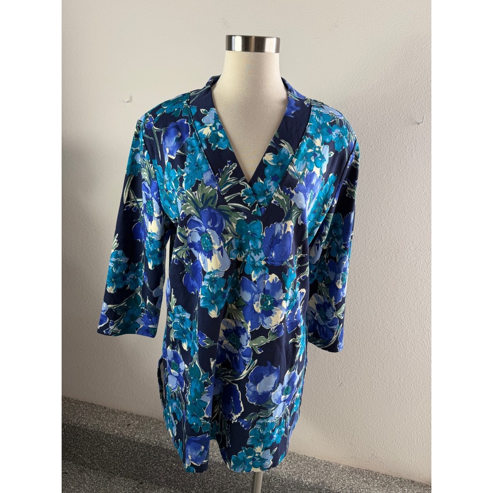 Isaac Mizrahi Live Womens Large Blue Floral Cotton V Neck Tunic Top 3/4 Sleeve